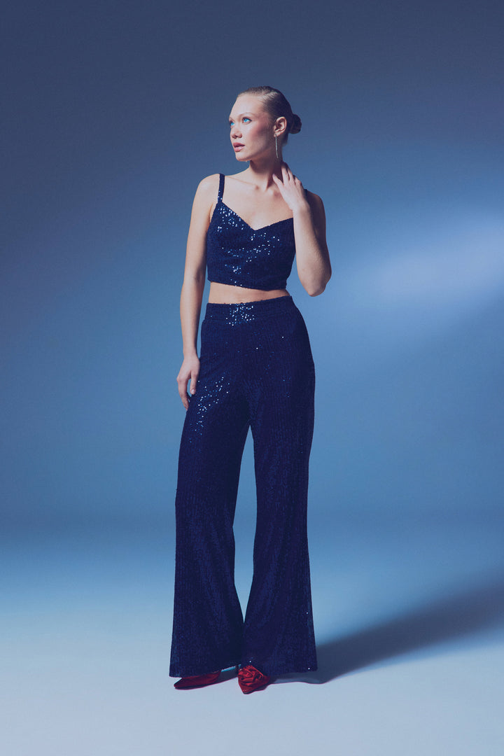Sateen Pantalon Ample Pailleté - Bleu marine
