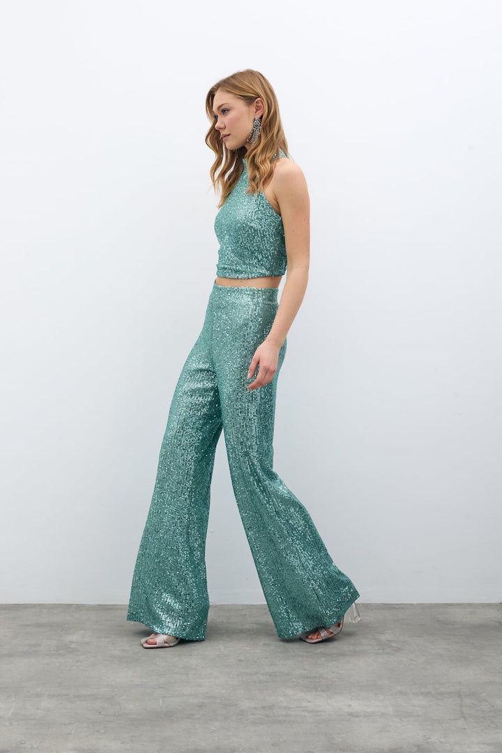 Sateen Pantalon ample pailleté - Menthe
