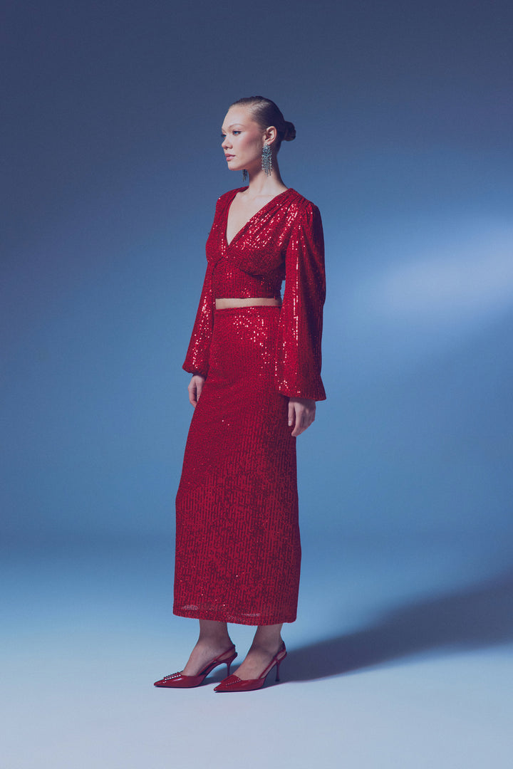 Sateen Jupe midi à carreaux zippée - Rouge