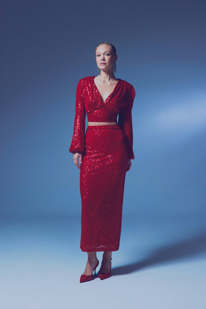 Sateen Jupe midi à carreaux zippée - Rouge