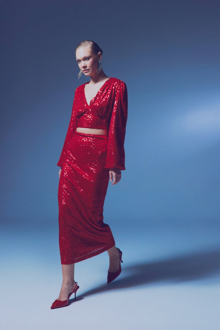 Sateen Jupe midi à carreaux zippée - Rouge
