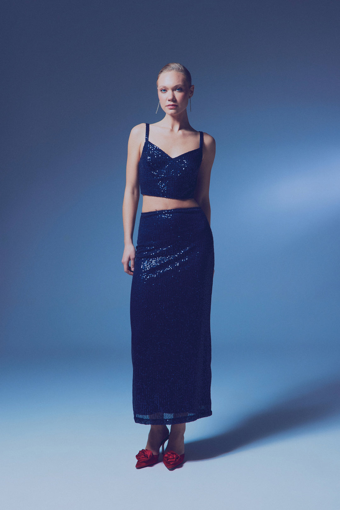 Sateen Jupe midi à fermeture éclair - Bleu marine