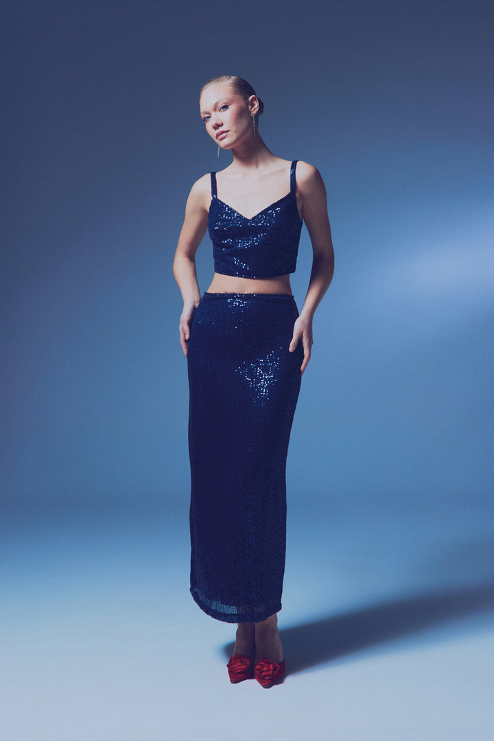 Sateen Jupe midi à fermeture éclair - Bleu marine