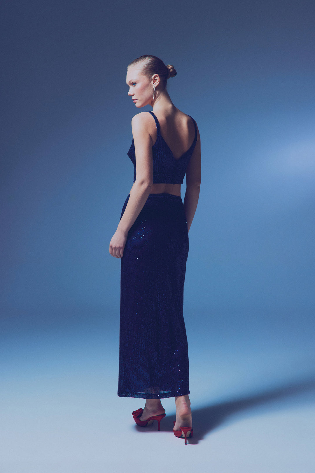 Sateen Jupe midi à fermeture éclair - Bleu marine