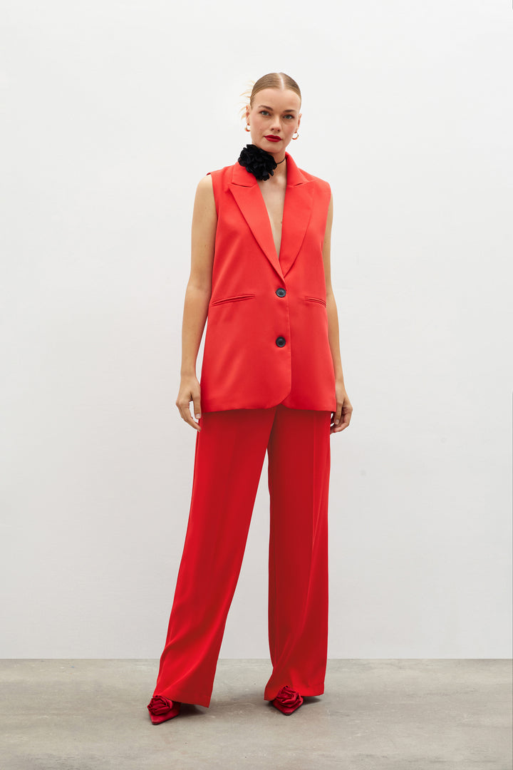 Sateen Pantalon ample avec détails de plis - Rouge