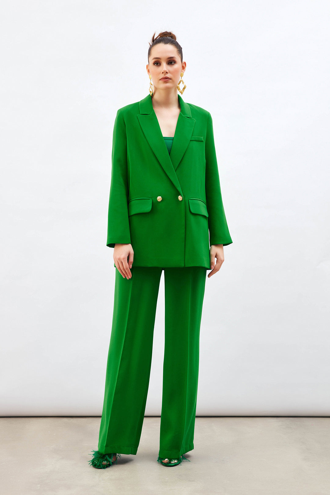Sateen Pantalon ample avec détails de plis - Vert