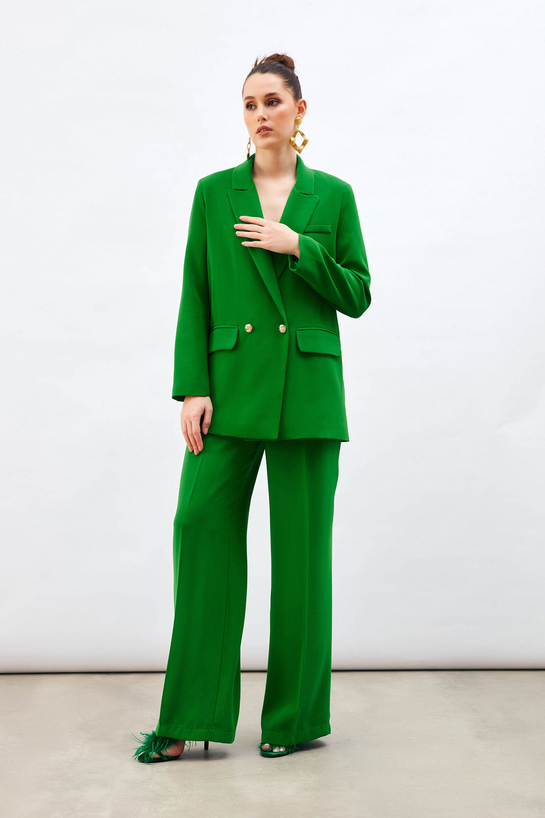 Sateen Pantalon ample avec détails de plis - Vert