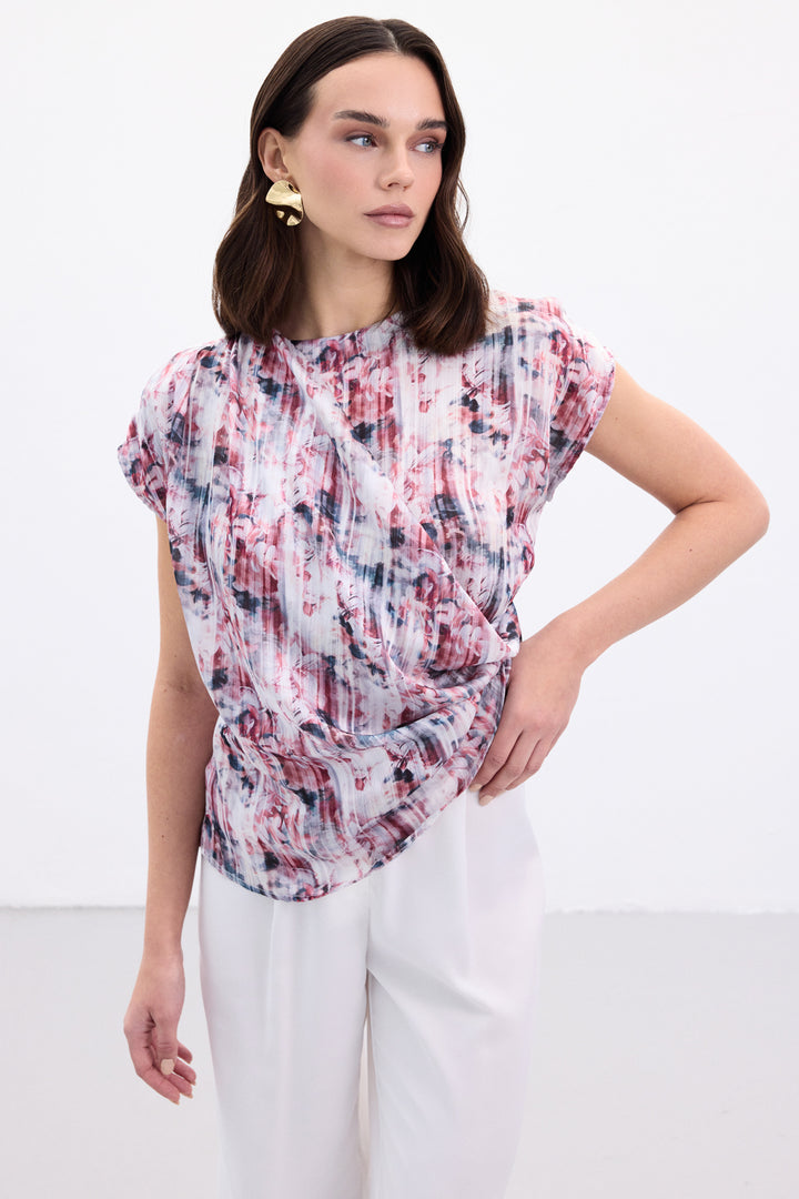 Sateen Blouse sans manches plissée - Bordeaux