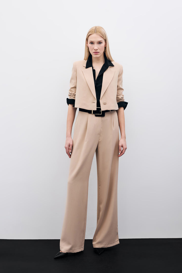 Sateen Pantalon Plissé en Crêpe - Beige