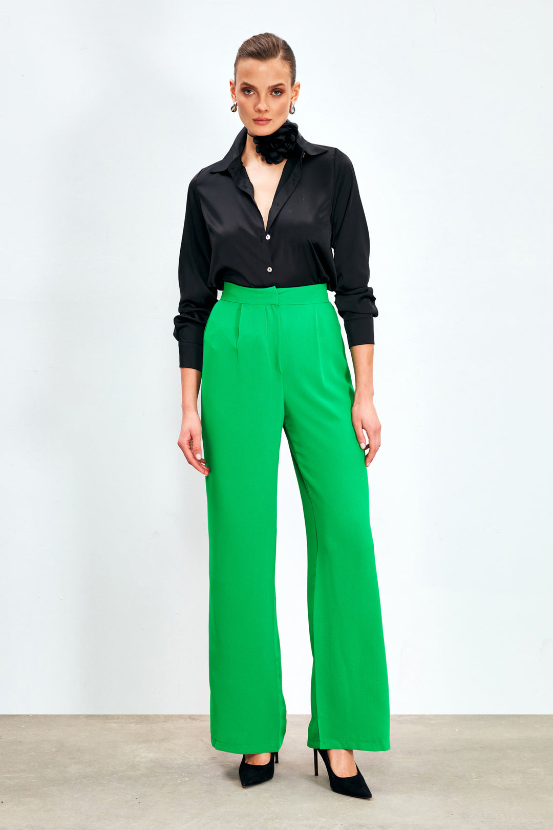 Sateen Pantalon en crêpe plissé - Vert