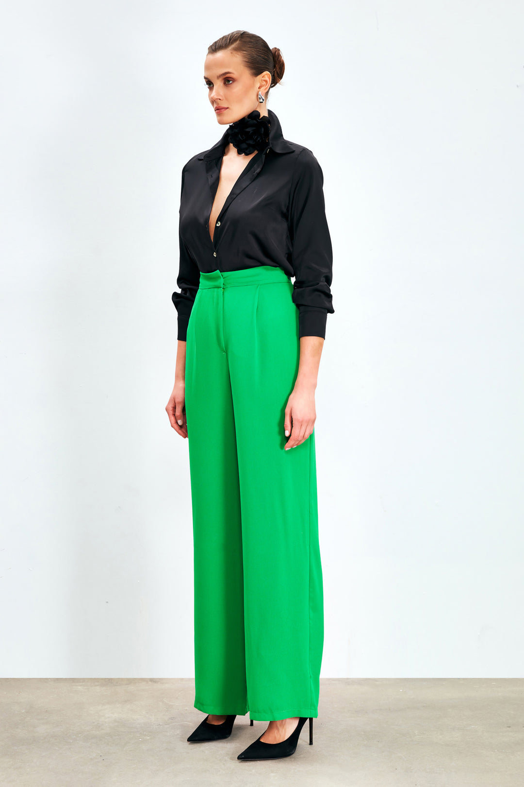 Sateen Pantalon en crêpe plissé - Vert