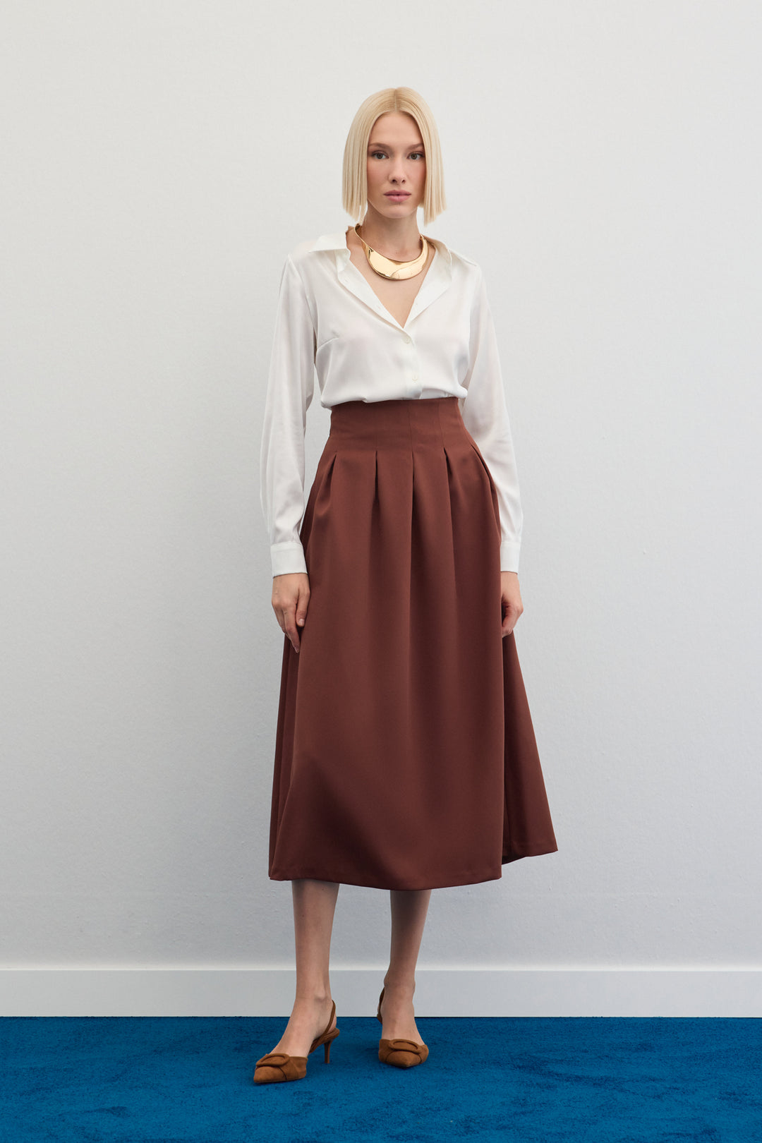 Sateen Jupe midi plissée - Marron