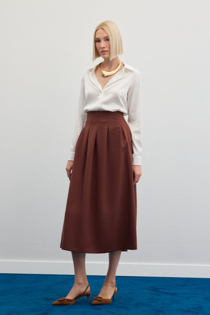 Sateen Jupe midi plissée - Marron