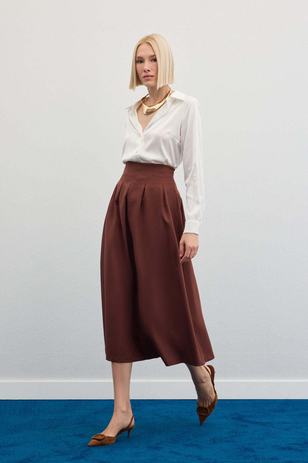Sateen Jupe midi plissée - Marron