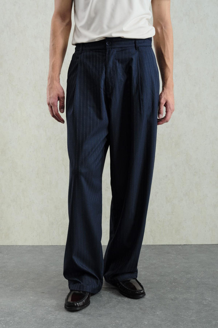 Giesto Pantalon classique à rayures bleu marine plissé - Bleu marine