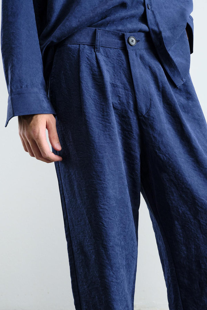 Giesto Pantalon modal bleu marine avec effet plissé - Bleu marine