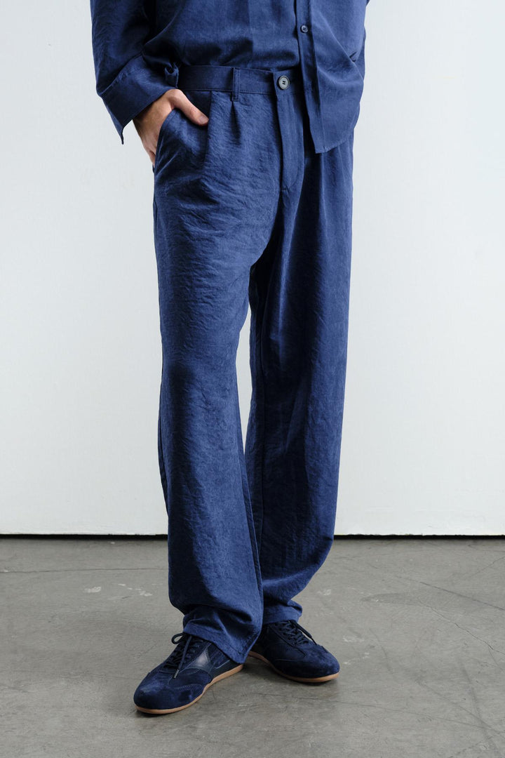 Giesto Pantalon modal bleu marine avec effet plissé - Bleu marine