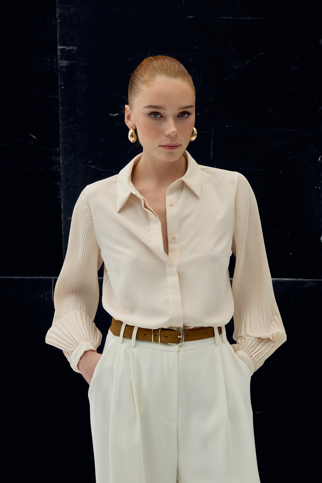 Sateen Chemisier à manches plissées - Beige