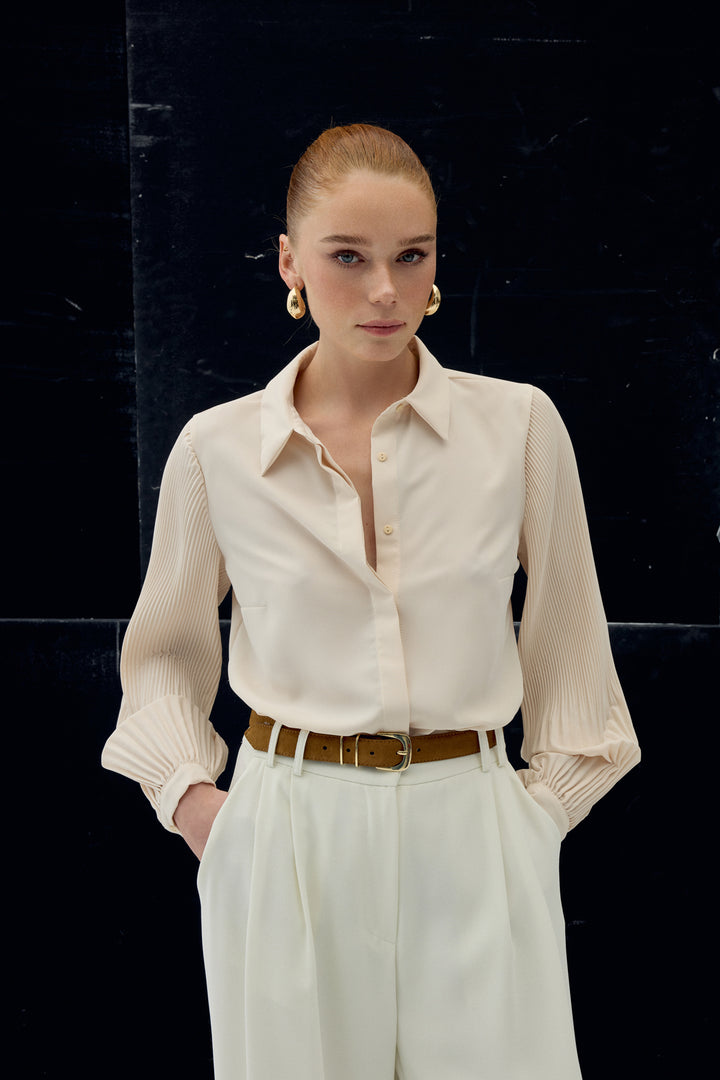 Sateen Chemisier à manches plissées - Beige