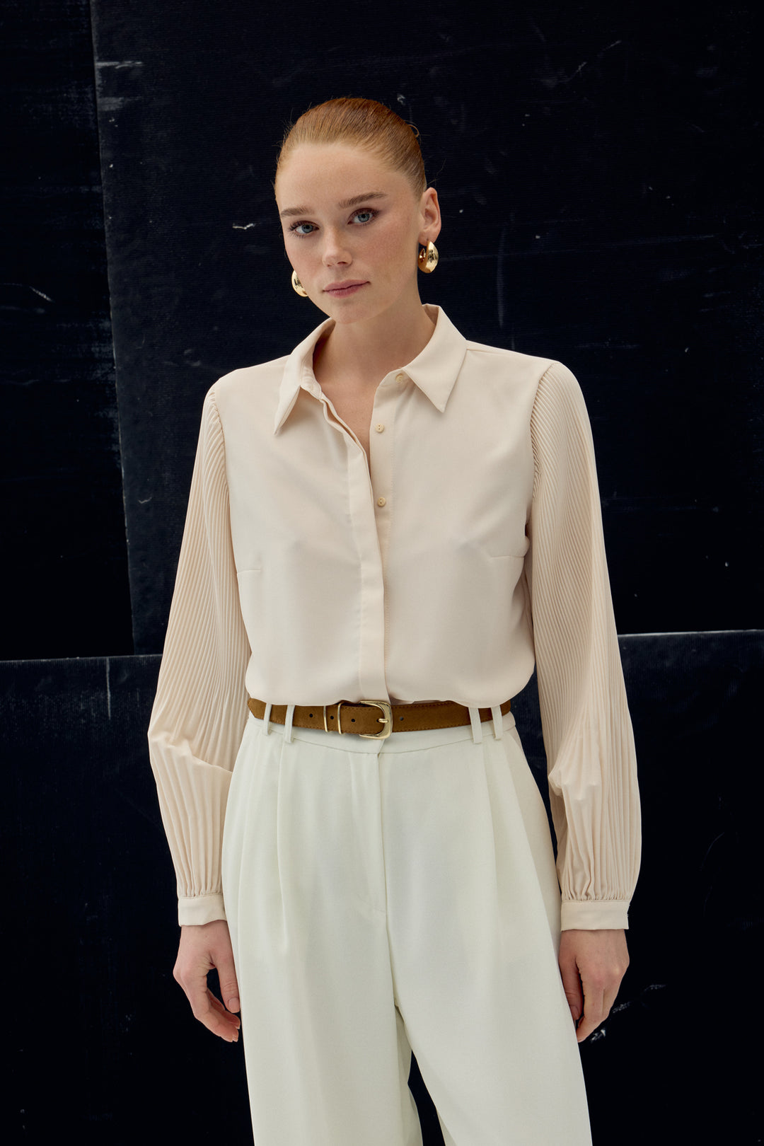 Sateen Chemisier à manches plissées - Beige