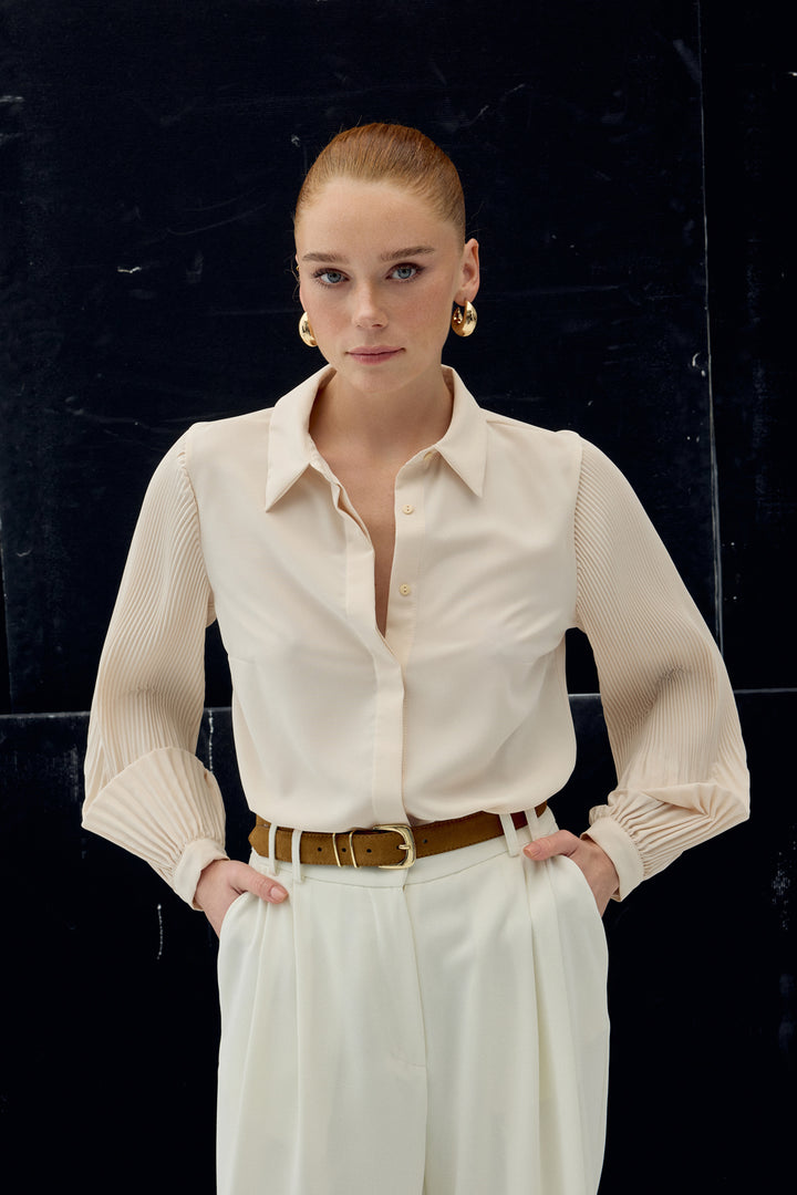 Sateen Chemisier à manches plissées - Beige