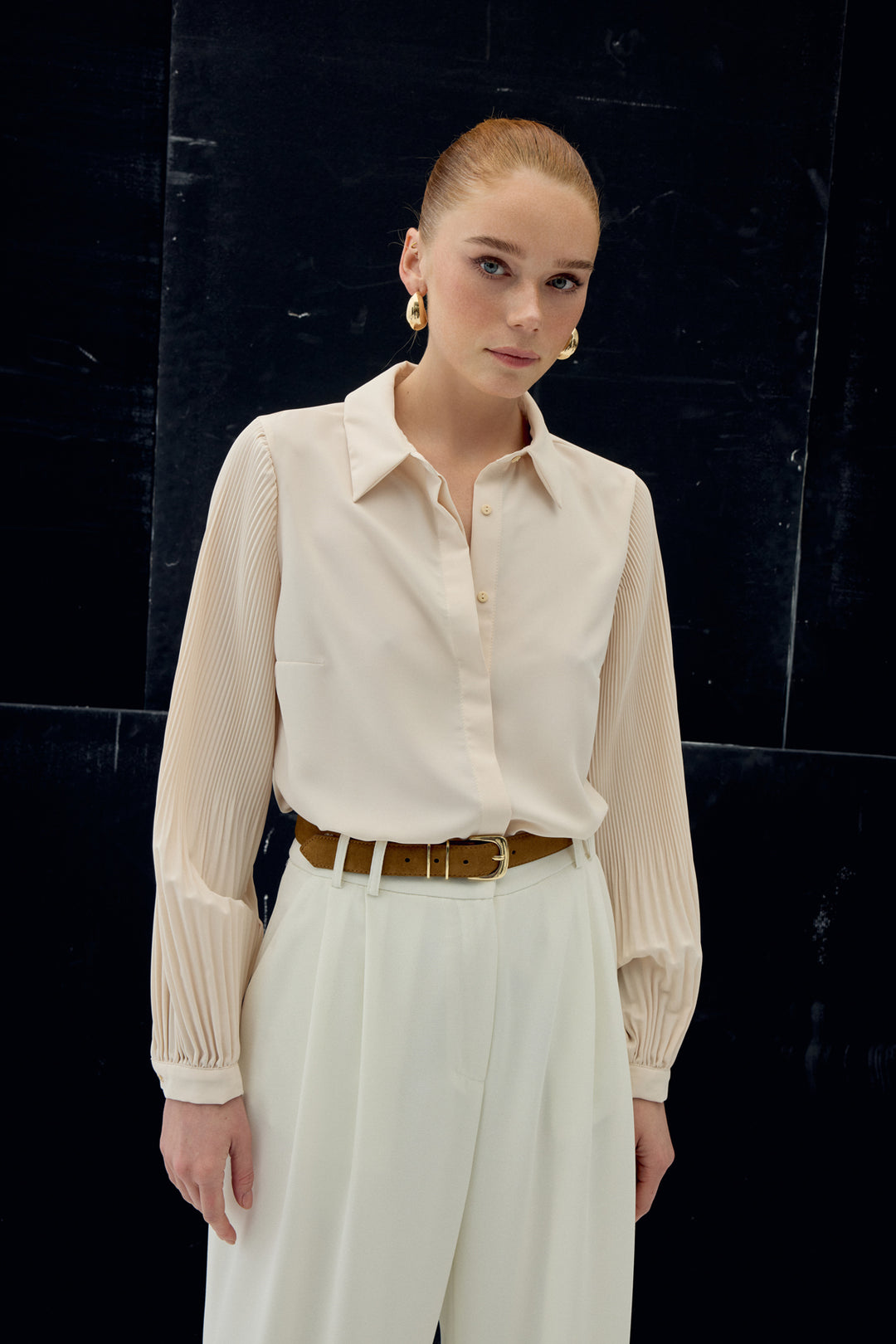 Sateen Chemisier à manches plissées - Beige