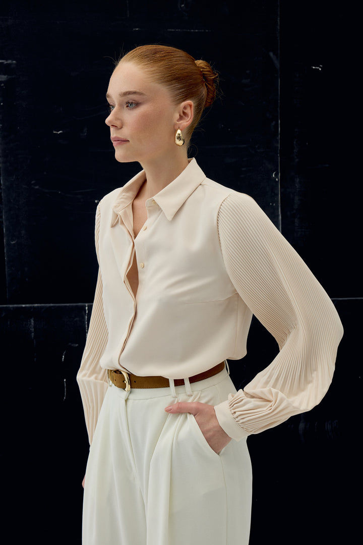 Sateen Chemisier à manches plissées - Beige