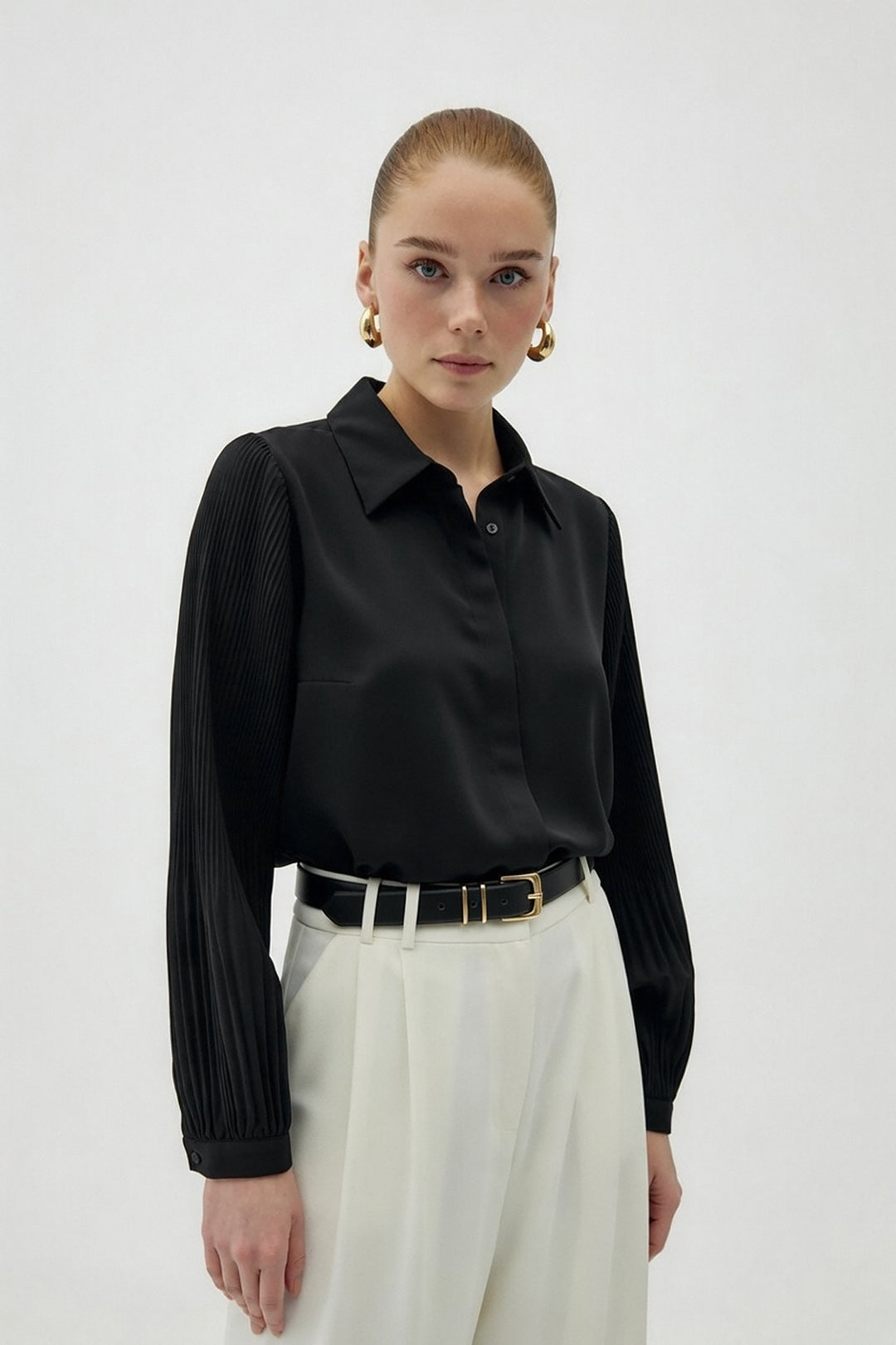 Sateen Chemisier à manches plissées - Noir
