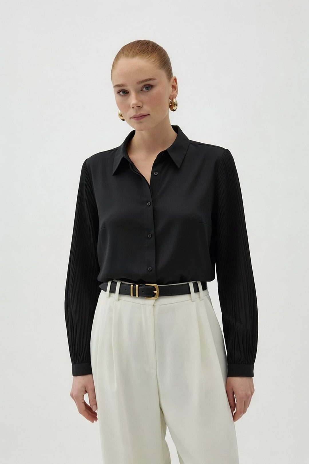 Sateen Chemisier à manches plissées - Noir
