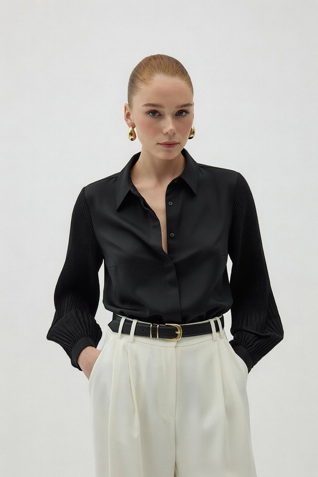 Sateen Chemisier à manches plissées - Noir