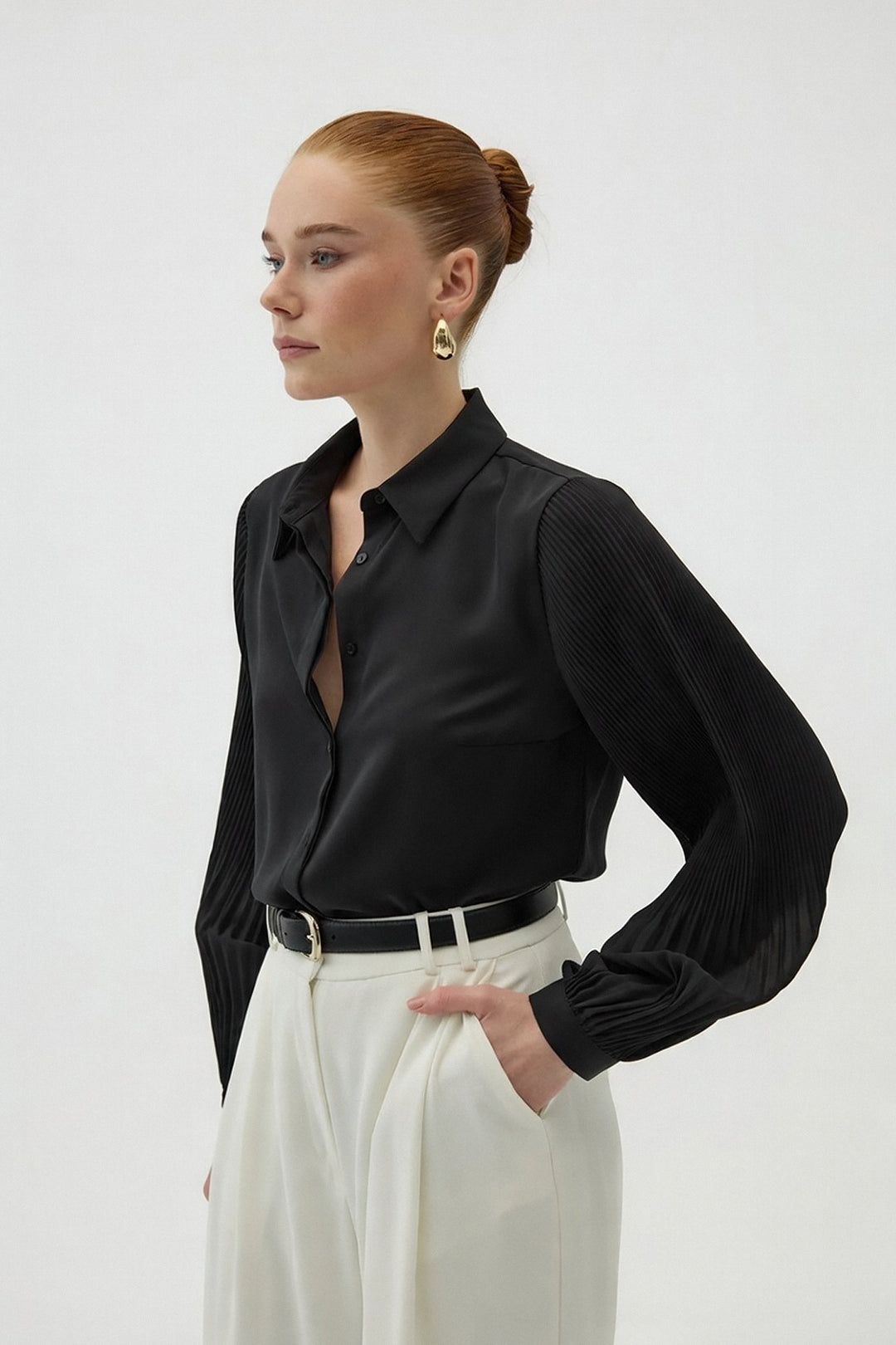 Sateen Chemisier à manches plissées - Noir