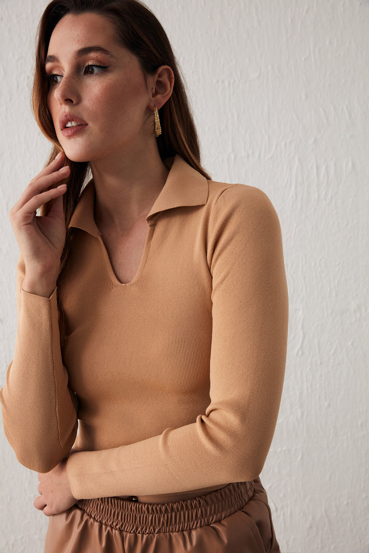 Sateen Tricot Col Polo - Biscuit