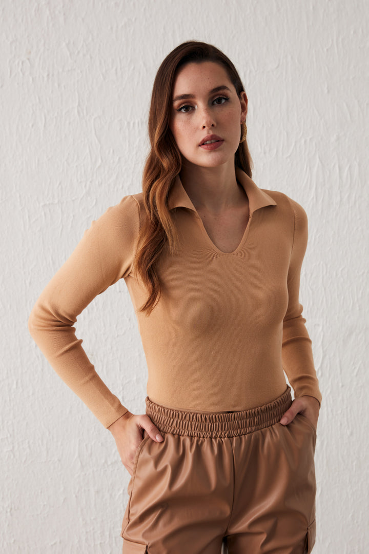 Sateen Tricot Col Polo - Biscuit