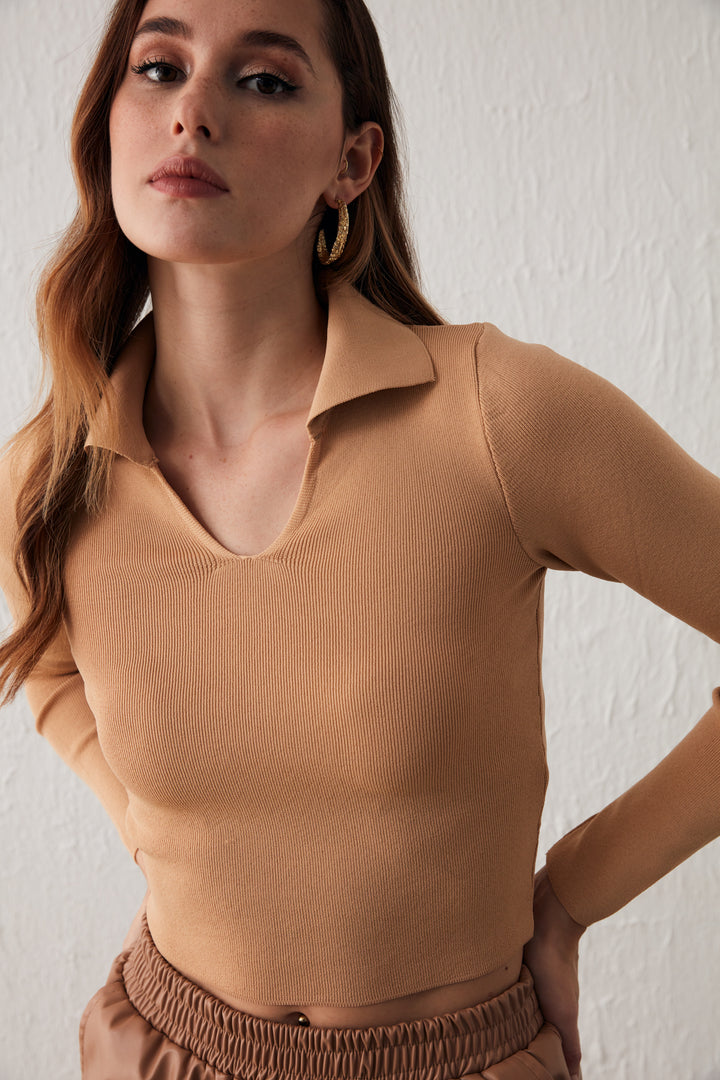 Sateen Tricot Col Polo - Biscuit