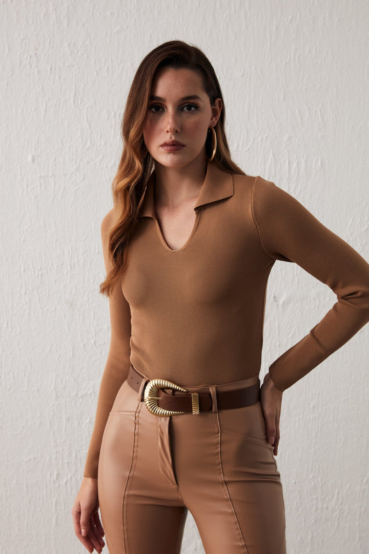 Sateen Tricot Col Polo - Vison