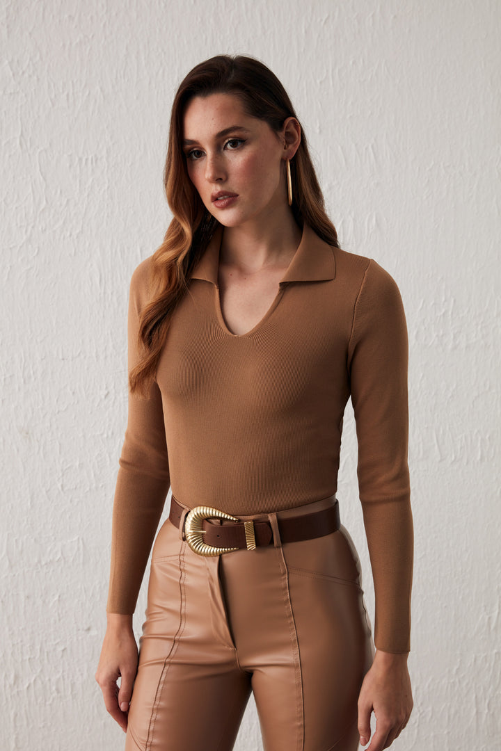 Sateen Tricot Col Polo - Vison