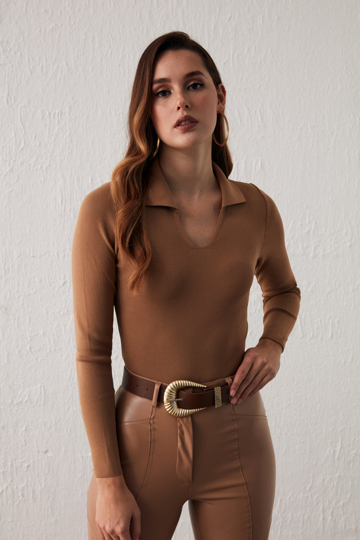 Sateen Tricot Col Polo - Vison