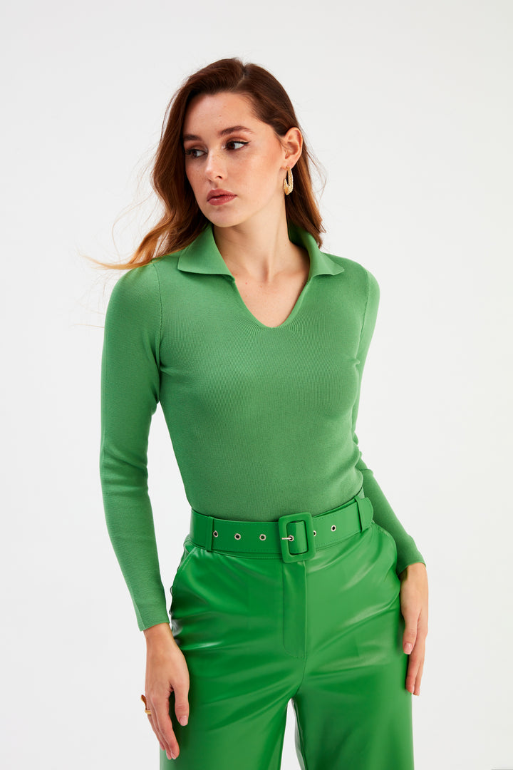 Sateen Tricot Col Polo - Vert