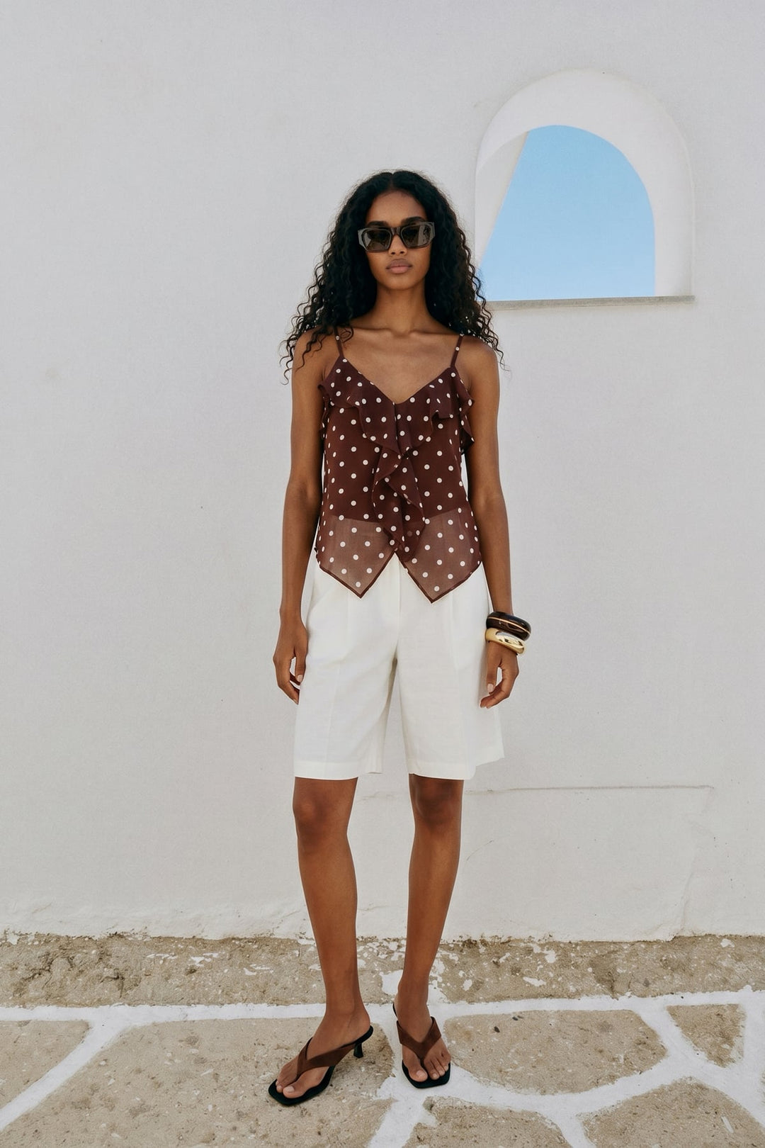 Sateen Blouse à Pois Débardeur Volant - Marron