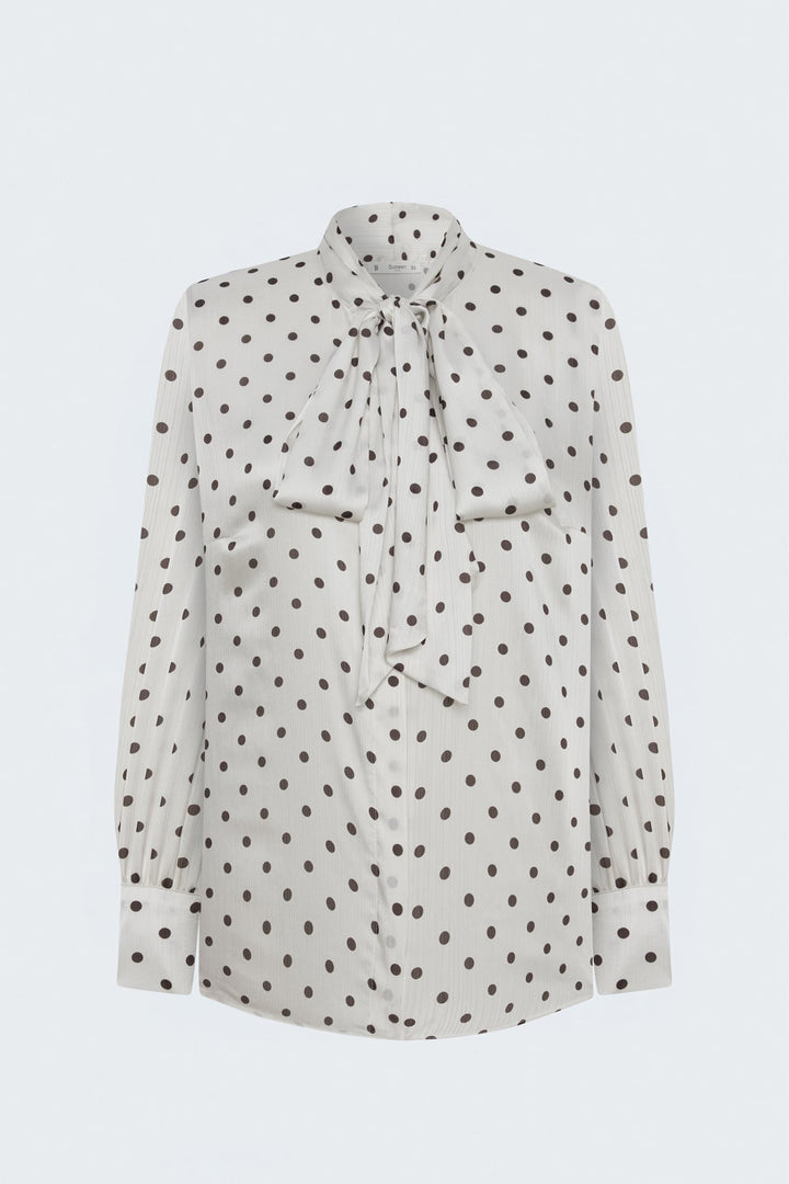 Sateen Chemise à Motif à Pois avec Foulard - Écru-Marron