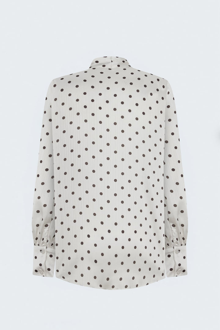 Sateen Chemise à Motif à Pois avec Foulard - Écru-Marron