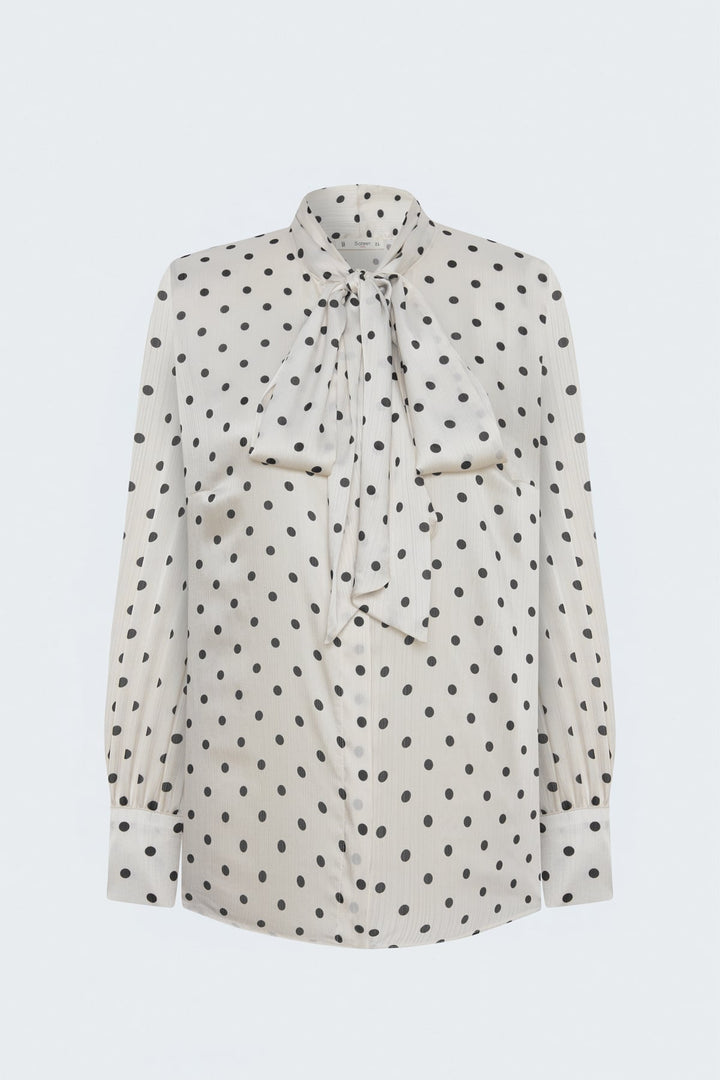 Sateen Chemise à Motif à Pois avec Foulard - Écru-Noir