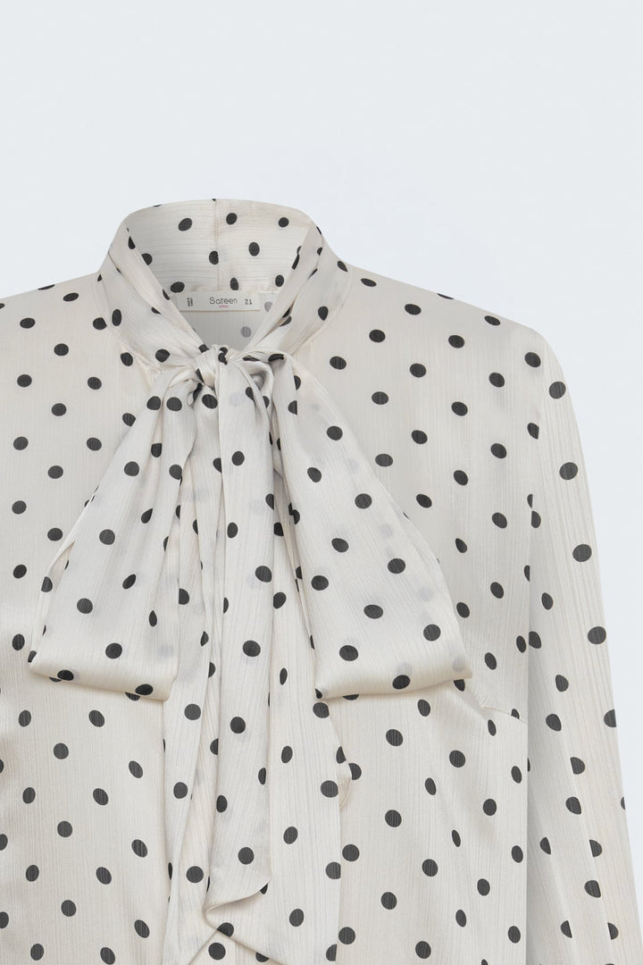 Sateen Chemise à Motif à Pois avec Foulard - Écru-Noir