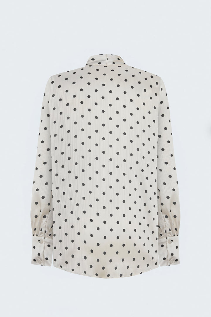 Sateen Chemise à Motif à Pois avec Foulard - Écru-Noir
