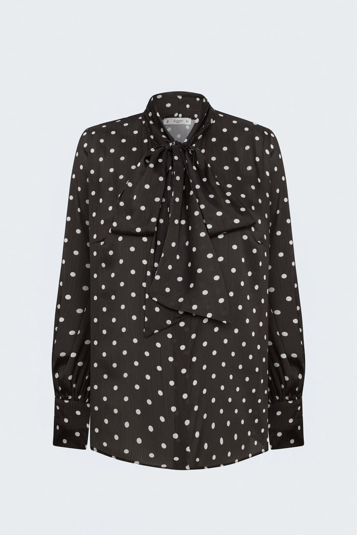 Sateen Chemise à Motif à Pois avec Foulard - Marron