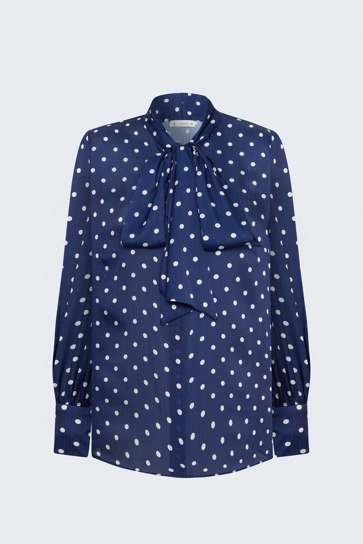 Sateen Chemise à Motif à Pois avec Foulard - Bleu marine