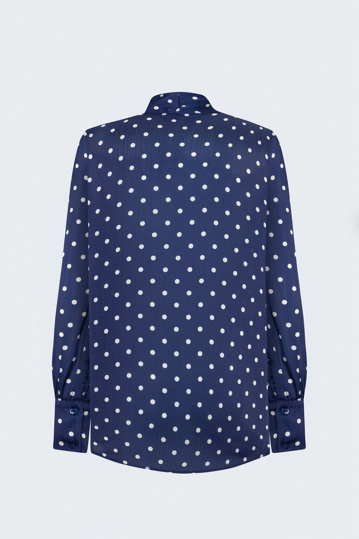 Sateen Chemise à Motif à Pois avec Foulard - Bleu marine