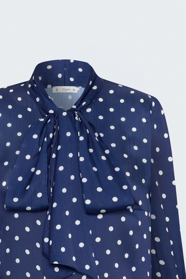 Sateen Chemise à Motif à Pois avec Foulard - Bleu marine