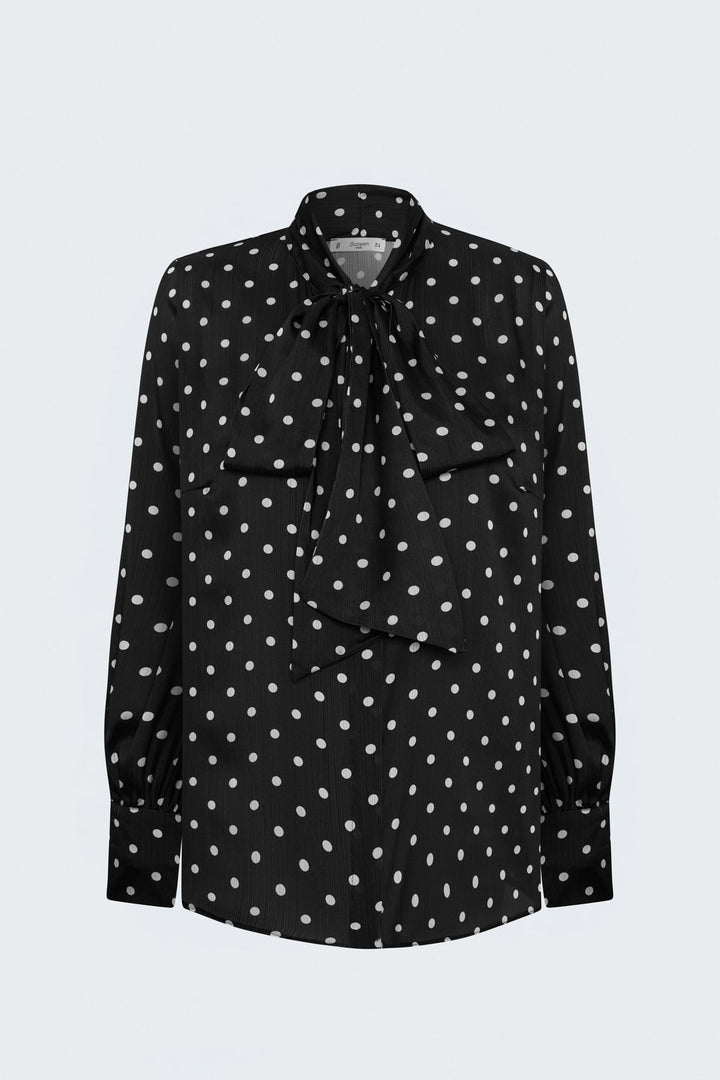Sateen Chemise à Motif à Pois avec Foulard - Noir