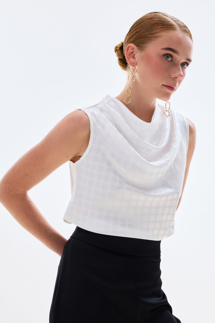 Sateen Blouse Sans Manches Imprimée Pois - Écru